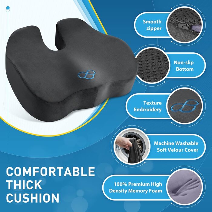 Подушка для сидіння BlissTrends з Memory Foam (13.2 см) - для офісного крісла, авто, літака. Зменшує біль у спині, куприку, ішіасу. Для тривалого сидіння.