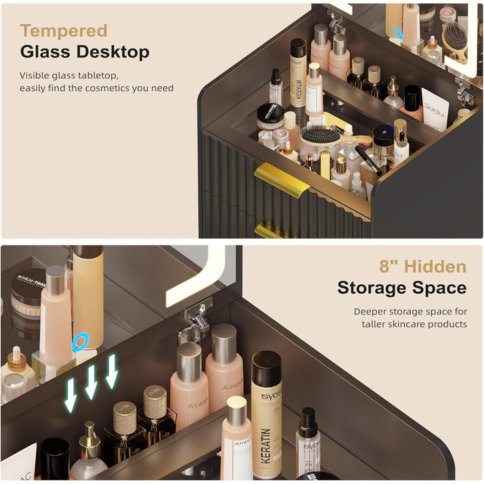 Трюмо Lvifur з LED-дзеркалом та 3 шухлядами, кутовий, для спальні, квартири, гуртожитку, білий (чорний)