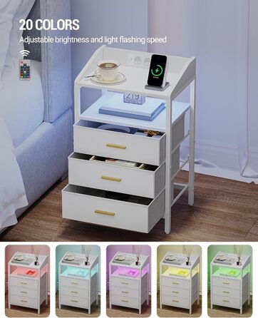 Комплект приліжкових столиків Hzuaneri з LED-підсвіткою, USB та розетками, 3 тканинні шухляди, полиці, для спальні та вітальні, білий NS35513W