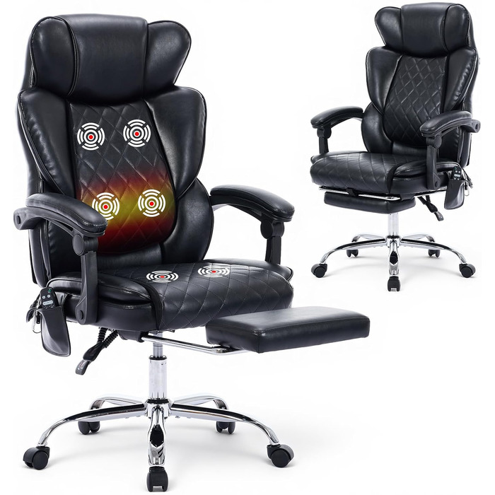Крісло офісне з масажем та підігрівом, ергономічне, з підніжкою, поворотне на 360°, регульована спинка (94-125°), чорне
