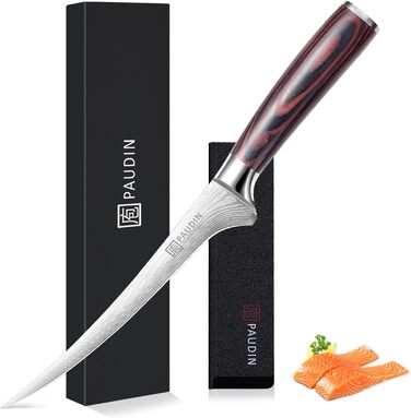 Ніж сантоку PAUDIN з дамаської сталі, 13 см - професійний кухонний ніж для кухні, надзвичайно гострий, з високоякісної нержавіючої сталі та ергономічною ручкою G10 (рибний ніж 18 см)