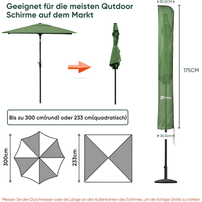 Захисний чохол Sekey для парасольки 300 см | З монтажним стрижнем та блискавкою (175×30,5/36,5 см) – Водонепроникний, UV 50+ (175 см x 30,5/36,5 см, М'ятний)
