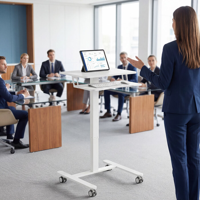 Регульований за висотою стіл для стоячи та сидіння, мобільний стіл з підставкою для клавіатури, роликами та сталевим каркасом, білий