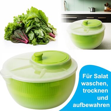 Сушарка для салату з кришкою Набір для сушіння салату з 2 шт. Ø25 см, висота 13 см, ємність 4 л, з носиком, можна мити в посудомийній машині Міцний поліпропіленовий матеріал, зелений/прозорий, преміум-якість ЄС