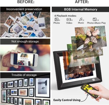 Цифровий фоторамка Kodak 10 дюймів з акумулятором, Wi-Fi, 32 ГБ, HD IPS сенсорний екран, фото/відео/музика, керування через додаток (Чорний)