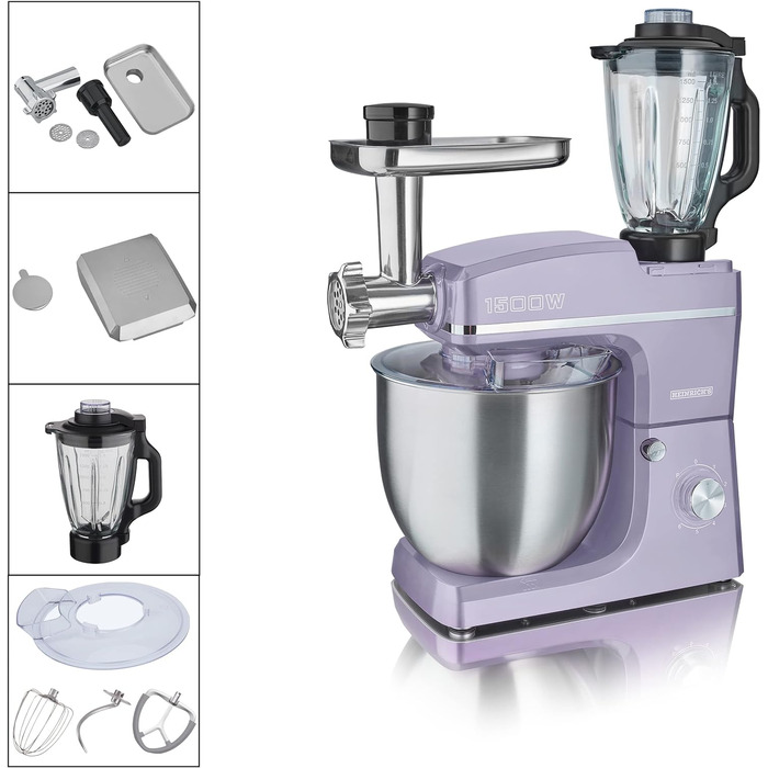 Кухонний комбайн HEINRICHS 3-в-1: міксер, м'ясорубка, кухонний прилад 1500W, 6 швидкостей, 1.5л чаша, 10л нержавіюча сталь (фіолетовий)