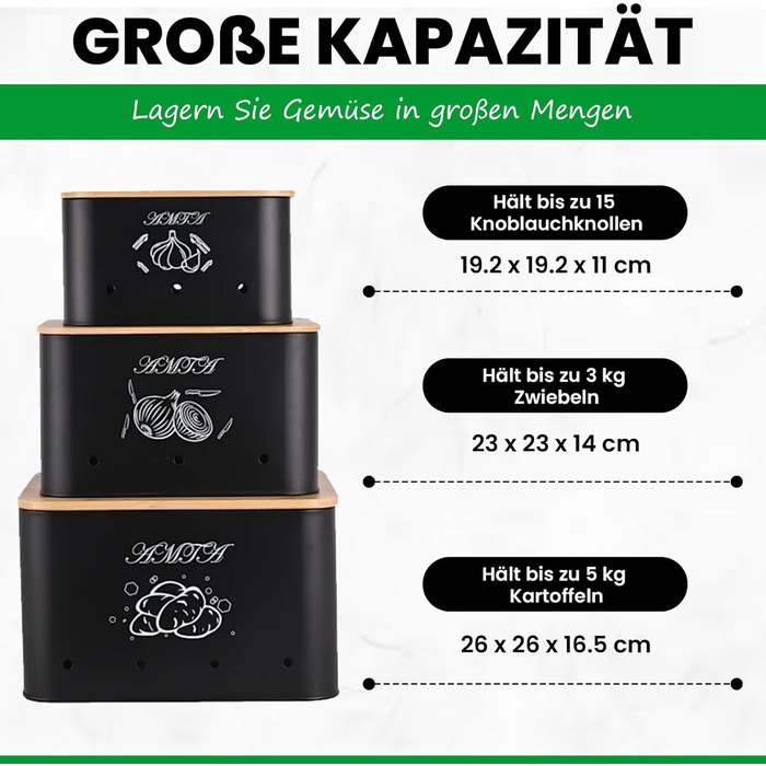 Набір контейнерів для зберігання картоплі, цибулі та часнику (3 шт) – Преміум-контейнери з циркуляцією повітря, вінтажний стиль, чорний колір