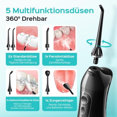 Портативна електрична душова насадка COSLUS: 300 мл, IPX7, 5 насадок, для догляду за порожниною рота, білий (чорний)