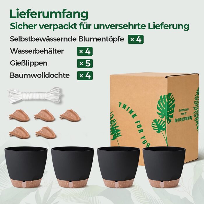 Набір 4 самополивні горщики T4U 15 см з індикатором рівня води, для дому та саду, чорний