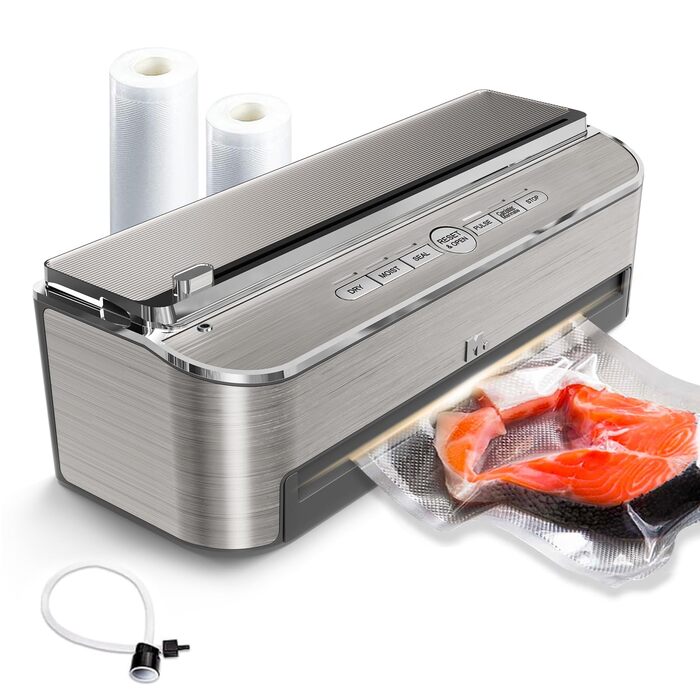 Вакууматор Mesliese 85kPa 120W для продуктів, автоматична машина для вакуумної упаковки з вбудованим різаком та відсіком для пакетів, сріблястий (2 рулони в комплекті)