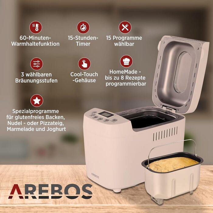 Хлібопечка Arebos 1500г з 15 програмами, таймером та LCD дисплеєм | 850 Вт | Білий