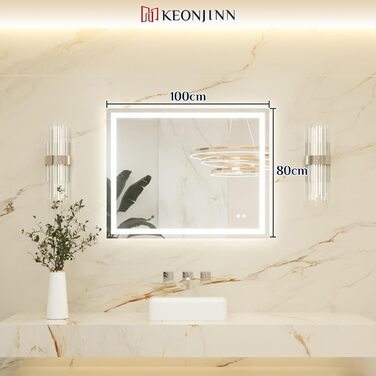 Дзеркало для ванної кімнати Keonjinn з підсвічуванням 50x70 см, без пари, LED, сенсорне керування, 3 кольори, регулювання яскравості, пам'ять, настінне, без рами