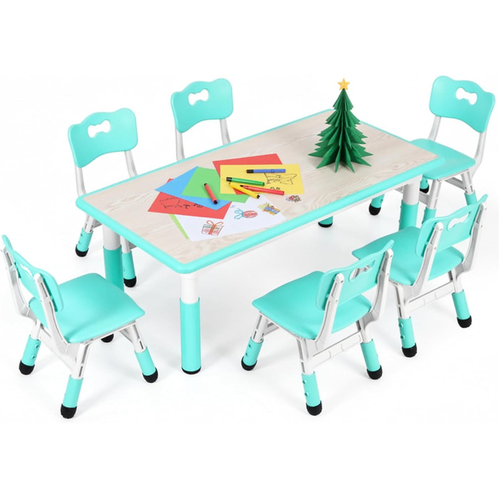 Дитячий стіл MAMIZO з 4 стільцями, регульована висота, комплект для дитячої кімнати/садка, пластикові меблі, для дітей від 2 років (60 x 60 x 120 см, м'ятний)