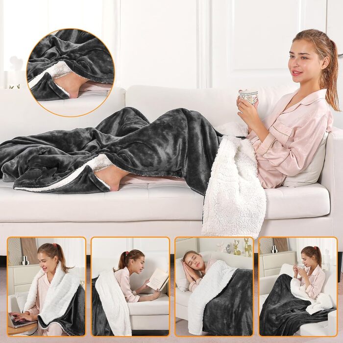 Електрична грілка з таймером 10 годин, 6 режимів нагріву, з пультом дистанційного керування, машинне прання, 133 x 155 см, сіра