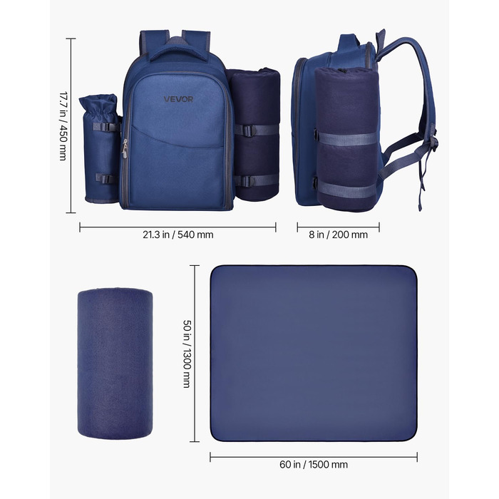 Рюкзак для пікніка VEVOR (20 л) на 2 особи з ізольованим відділенням, тримачем для пляшок/вина, ковдрою та набором посуду для пікніків, походів та кемпінгу, темно-синій