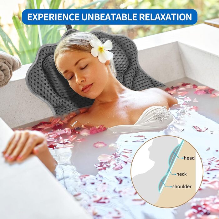 Подушка для ванни 4D сітка з присосками, підтримка шиї, плечей, голови та спини, сіра