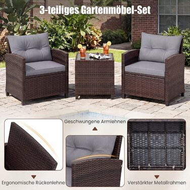 Садовий набір меблів COSTWAY з ротангу 3 предмети: 2 крісла, стіл зі скляною стільницею, подушки. Меблі для балкона, тераси, саду, для 2 осіб, коричнево-сірий