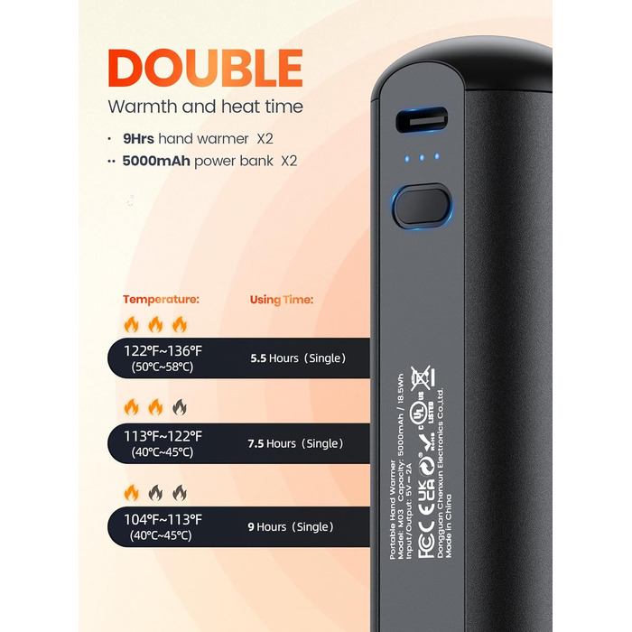 Електричні грілки для рук Warmco 2 шт., 10000 мАг, багаторазові, 3 режими нагріву, портативна батарея-грілка, чорний