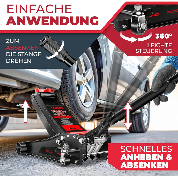 Гідравлічний домкрат MASKO 3T з низьким профілем 85-460мм, 3 гумові накладки, для легкових авто та SUV, ролики 360°, рукавички в комплекті. Домкрат під автомобіль до 3 тонн - Чорний