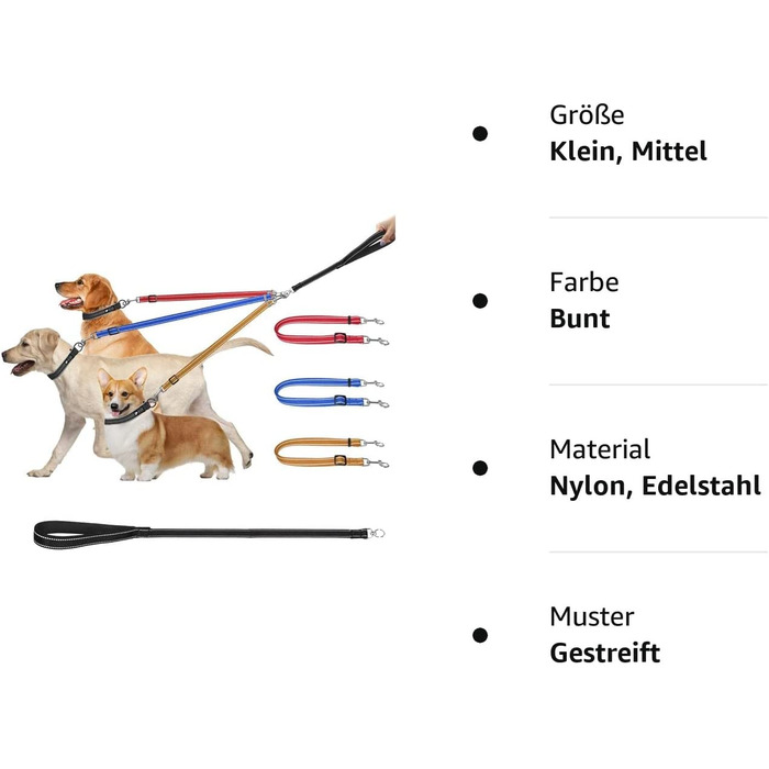 Повідці для собак ideapro 3-в-1,повідець для собак з 3 предметів, 3-ходовий роздільник повідків для домашніх тварин, світловідбиваючий, знімний, з м'якою підкладкою, Регульований, Підходить для 1,2 або 3 собак, Різнокольоровий