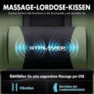 Ігровий крісло GTPLAYER з масажем, підніжка, підголовник, поперекова подушка, оббивка з тканини, білий/зелений