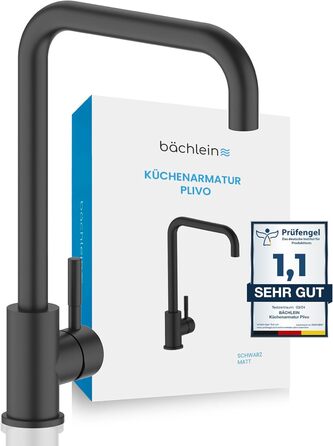 Змішувач для кухні Bchlein Plivo, нержавіюча сталь, поворотний на 360, одноважільний, суцільний, прямокутний, чорний матовий