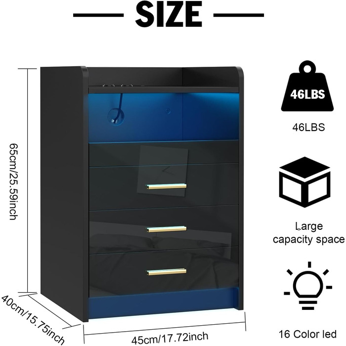 Тумбочка CHOWGOLI з розеткою, LED, 3 ящики, відкрите відділення, 45x40x65 см, чорна, набір з 2 шт.