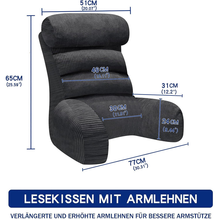 Підлогове крісло-мішок для читання та відпочинку, 65x30 см, сірий (Charcoal)
