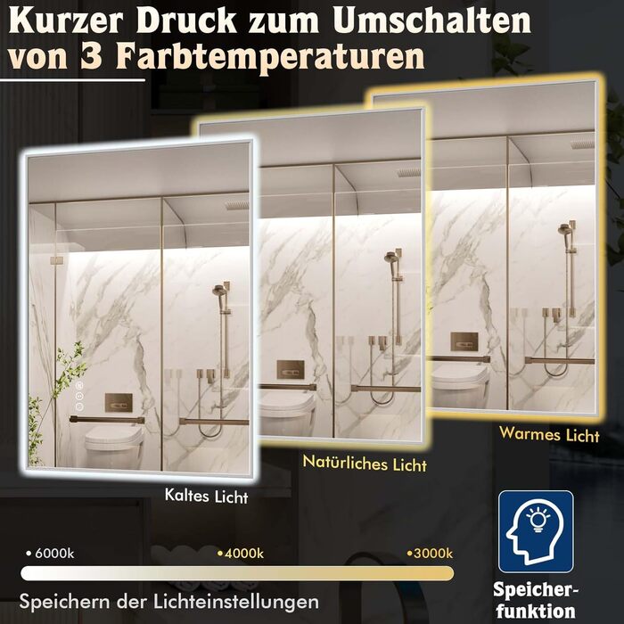 LED дзеркало для ванної кімнати 60x80 см з підсвічуванням, сенсорне, регулювання яскравості, 3 кольори світла, проти запотівання, водонепроникне IP44, горизонтальне/вертикальне