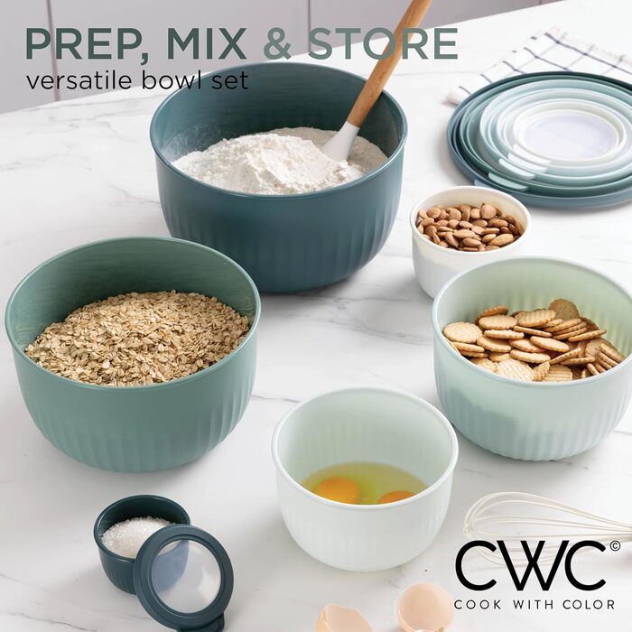 Набір мисок COOK WITH COLOR 12 шт. з кришкою, блакитно-зелений. Глибокі миски для приготування їжі, пластик.