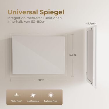 Дзеркало для ванної кімнати з підсвічуванням LED 80x60 см, регульоване, з протитуманним покриттям, вертикальна/горизонтальна установка, 3 кольори світла (3000K/4000K/6500K)