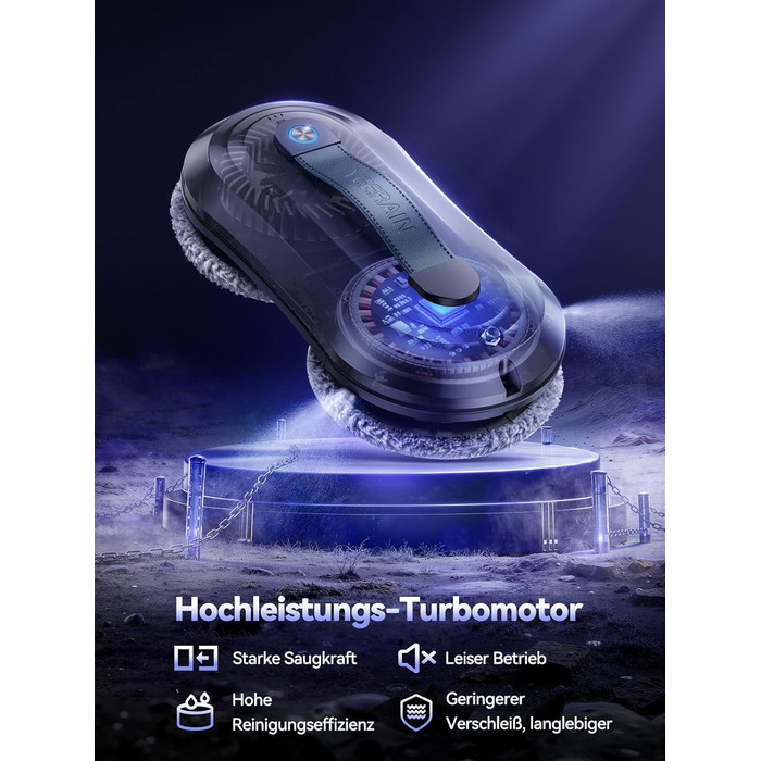 Робот для миття вікон Yeerain з функцією розпилення, потужність всмоктування 7000Pa, тиха робота, 3 режими очищення, інтелектуальна навігація, розпізнавання країв, в комплекті 10 мікрофібрових серветок сірого кольору 'Зоряне небо'