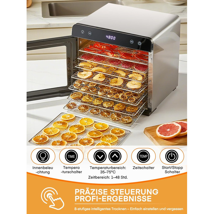 Електричний дегідратор FOHERE з нержавіючої сталі, 650W, 8 ярусів, таймер 48h, 35-75°C - для овочів, м'яса, трав, здорових перекусів та кемпінгу