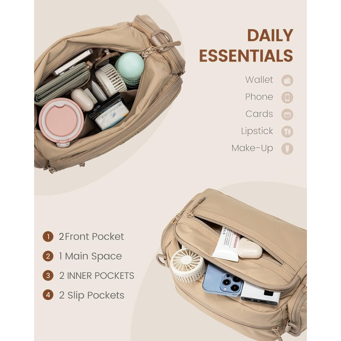 Сумка на плече LOVEVOOK для жінок, чорна сумка через плече середнього розміру з багатьма відділеннями, легка сумка-месенджер для подорожей, офісу, вечірки, відпочинку, бежева