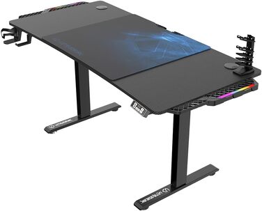 ULTRADESK Стіл для роботи Level V2 - Регульована висота, 140x68 см, з підсвіткою, для геймінгу, офісу, дому - з XL-килимком для миші (Синій)