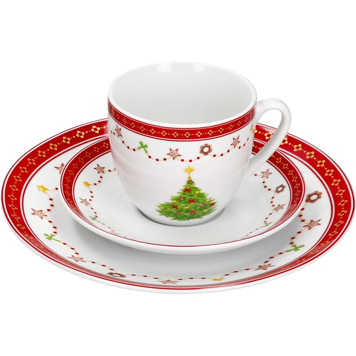 MamboCat Кавовий сервіс на 6 осіб (18 предметів) з різдвяним декором | 6 чашок 190 мл, 6 підставок, 6 тарілок | Фарфор, для святкування Різдва та Миколая