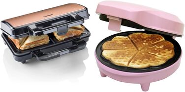 Бутербродниця Bestron ASM90XLCO XL, 900 Вт, чорна/мідна, металева та вафельниця для класичних вафель-сердечок, з антипригарним покриттям для вафель у формі серця, ретро-дизайн, 700 Вт, рожевий