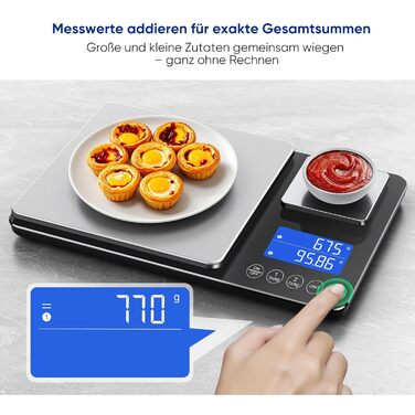 Цифрова кухонна вага 15 кг / 0,01 г, високоточна вага з двома дисплеями, функцією підсумовування та тарування, 7 одиниць вимірювання, для приготування їжі та випічки, з батарейками K600H