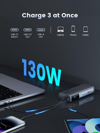 Вт, 3 порти, дисплей, сумісний з iPhone, Samsung, MacBook, Dell, 20000mAh 130