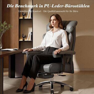 Офісний крісло Efomao XXL 200 кг з підставкою для ніг, сіре. Крісло для керівника з екошкіри, висока спинка, регульовані підлокітники, підтримка попереку для дому та офісу.