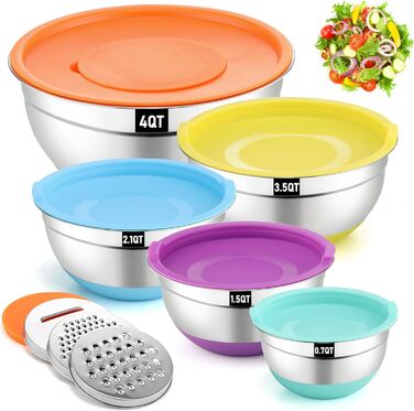 Набір мисок Hunnycook 7 шт. з нержавіючої сталі з кришкою, 5L, 4.5L, 4L, 2.4L, 1.7L, 1.25L, 0.8L, миски для салатів, стійкі до миття в посудомийній машині