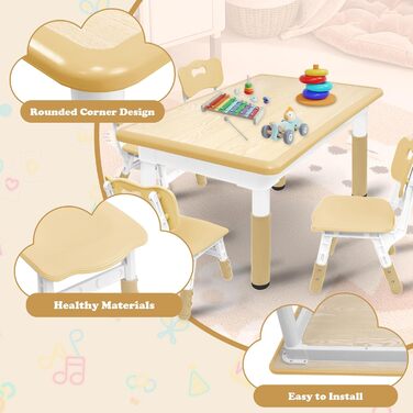 Дитячий стіл зі стільцями, дитяча група для сидіння, регульована по висоті з HDPE та ABS, багатофункціональний дитячий стіл для дітей 2-10 років, ергономічний стіл-стілець для дитячої кімнати (120*60 см, колір дерева)