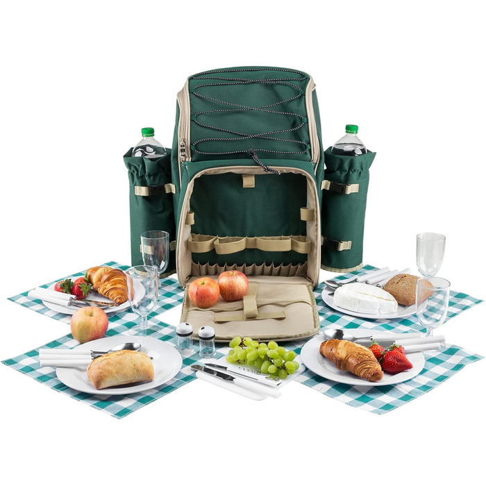 Рюкзак для пікніка Andora на 4 особи з інтегрованою сумкою-холодильником, зелений, з аксесуарами (29 шт)