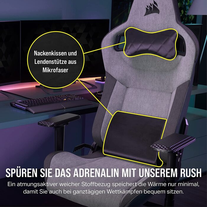 Ігрове крісло Corsair T3 RUSH Fabric (2023) – комфорт та стиль, натхненний автоспортом, тканинне покриття, підголовник та поперекова підтримка з пам'яті форми, антрацит
