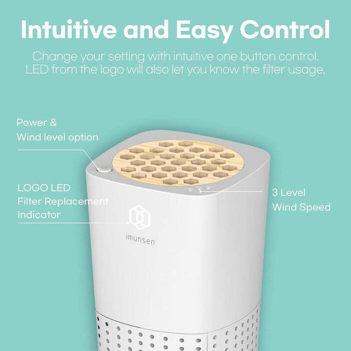 Портативний очищувач повітря IMUNSEN M-003W з фільтром з кипарисового дерева, 4-ступінчаста фільтрація, оригінальний фільтр H13 HEPA, USB-порт 5 В для автомобіля, столу та офісу, Зроблено в Кореї (білий) M-003W-FBA