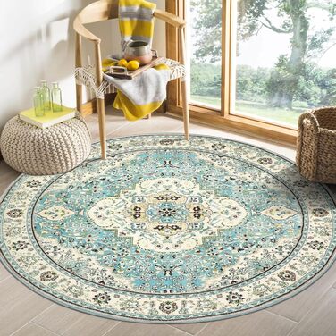 Круглий вінтажний килим Boho Mandala Nyescasa, нековзний короткий ворс, який можна прати, бежевий/бірюзовий, 120 см