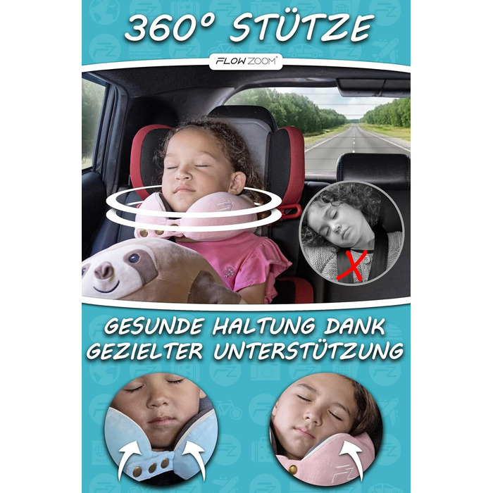 Подушка для шиї FLOWZOOM Comfy - для подорожей (літак, авто) - Memory Foam, регульована, 360° підтримка, дихаючий чохол, чорний (4.2. Comfy Kids S - Рожевий)