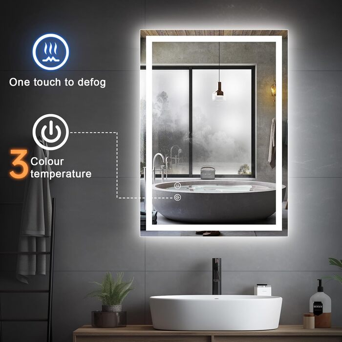 Дзеркало для ванної кімнати Youyijia з підсвічуванням, 70x50 см, антизапарник, сенсорний вимикач, 3 кольори світла, регулювання яскравості