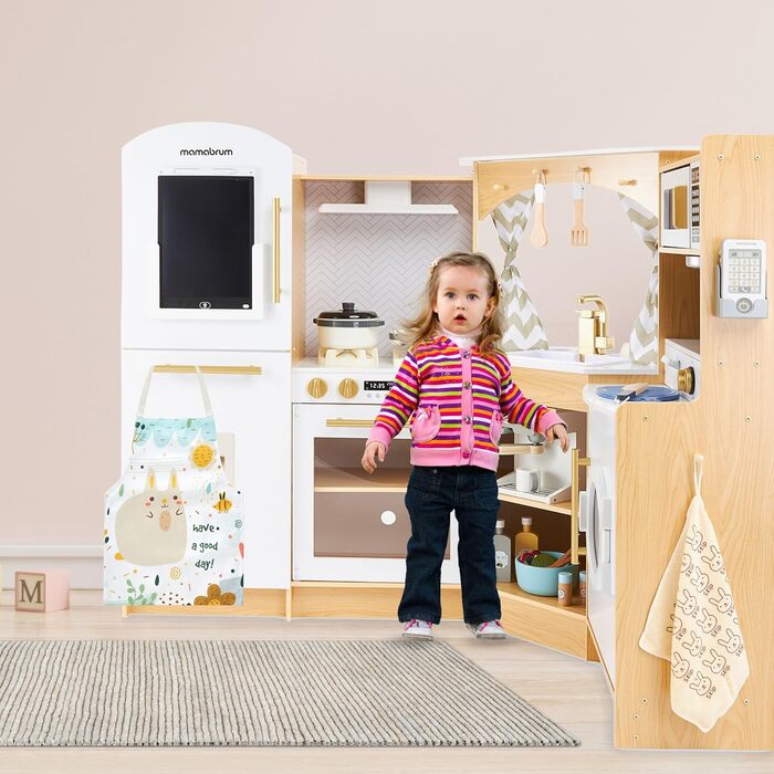Дерев'яна кухня Мамабрум XXXL з LED-підсвічуванням та диспенсером для кубиків льоду - дитяча кухня з аксесуарами (мікрохвильова піч, посуд, столові прибори) для дітей 3+