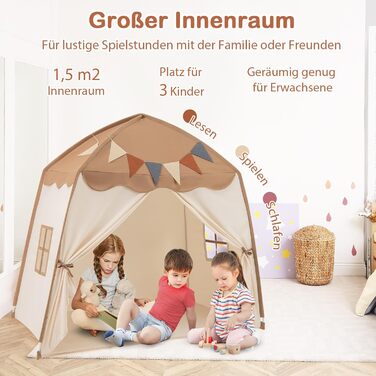 COSTWAY Ігровий будиночок для дітей, намет-палатка з прапорцями та гірляндою, намет принцеси, великий дитячий намет для хлопчиків та дівчаток від 3 років, 157 x 98 x 148 см (Коричневий)